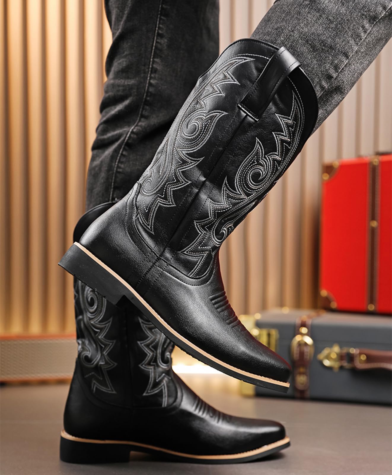 Stivali da Cowboy Uomo Stivali Western Classici Ricamati | PU in Pelle Stivali Country da Ballo con Suola in Gomma Antiscivolo Tacco Basso Vintage Marrone Nero