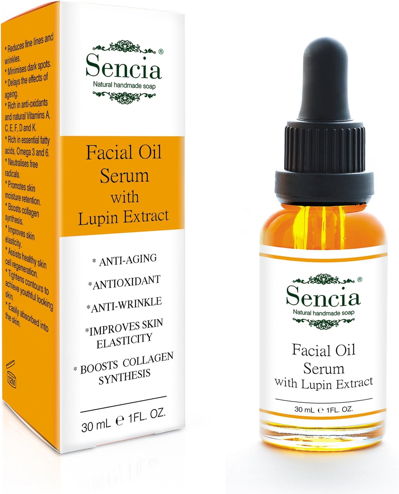 Sencia Face Oil Serum with Organic Argan Oil, Rosehip, Apricot Kernel, Sea Buckthorn and Lupin Extract | Anti-Ageing Omega 3 + 6, Vitamin A, C, E | Nourish, Firm Crepey Skin, Boost Collagen 1 Oz