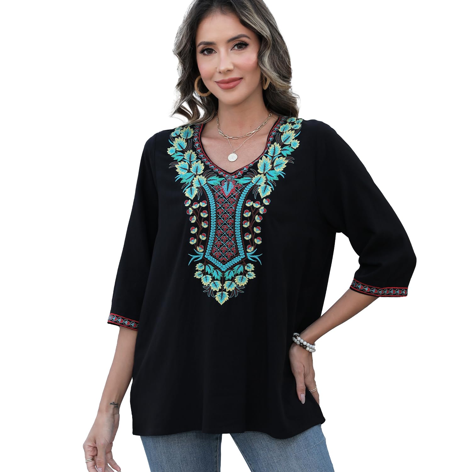 Seasonal Tunika Damen Sommer Boho Bluse Folklore Stickerei O