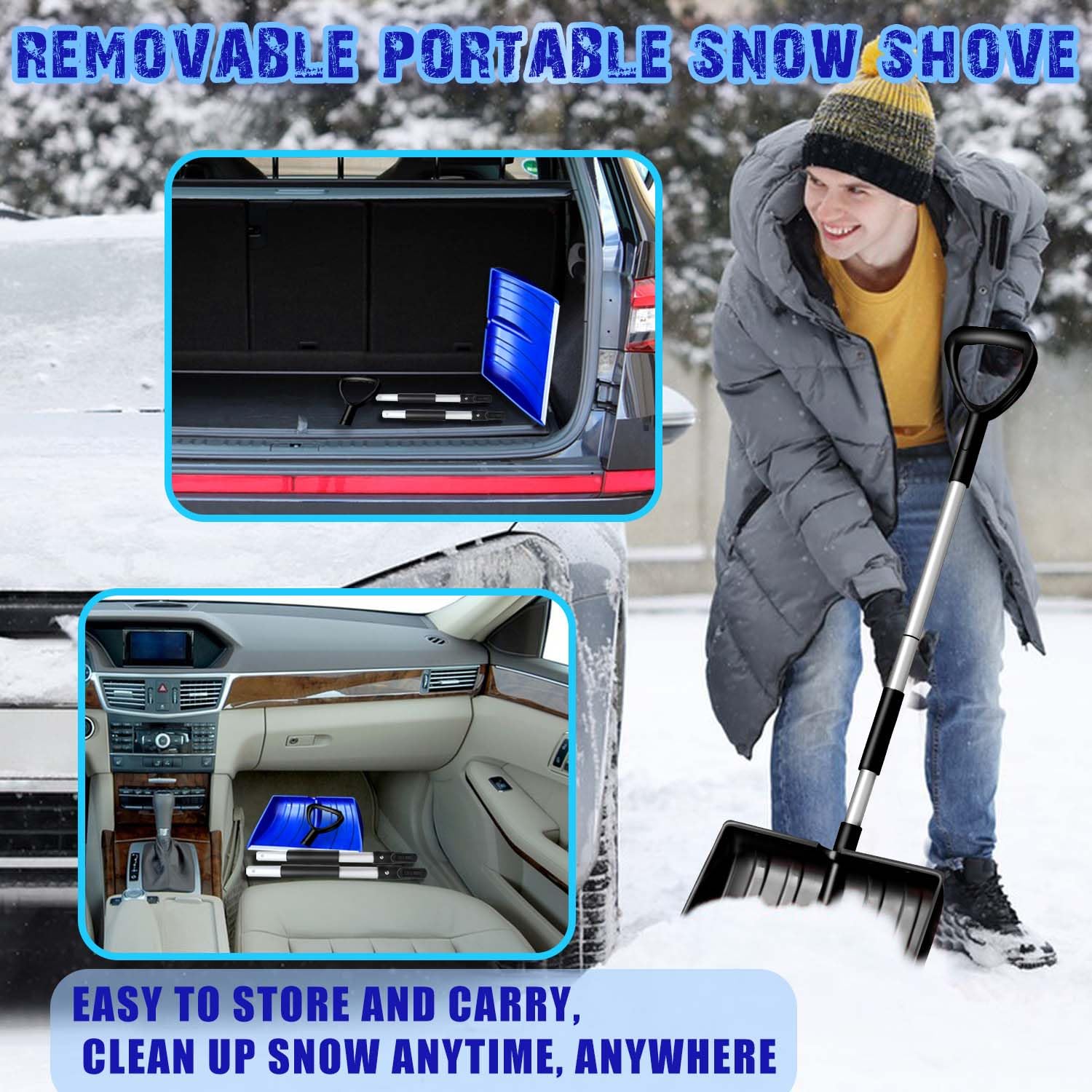 Pelle à neige de grande capacité avec poignée ergonomique - Outil de déneigement amovible léger et portable pour jardin, camping, extérieur, urgence, bonhomme de neige - Noir