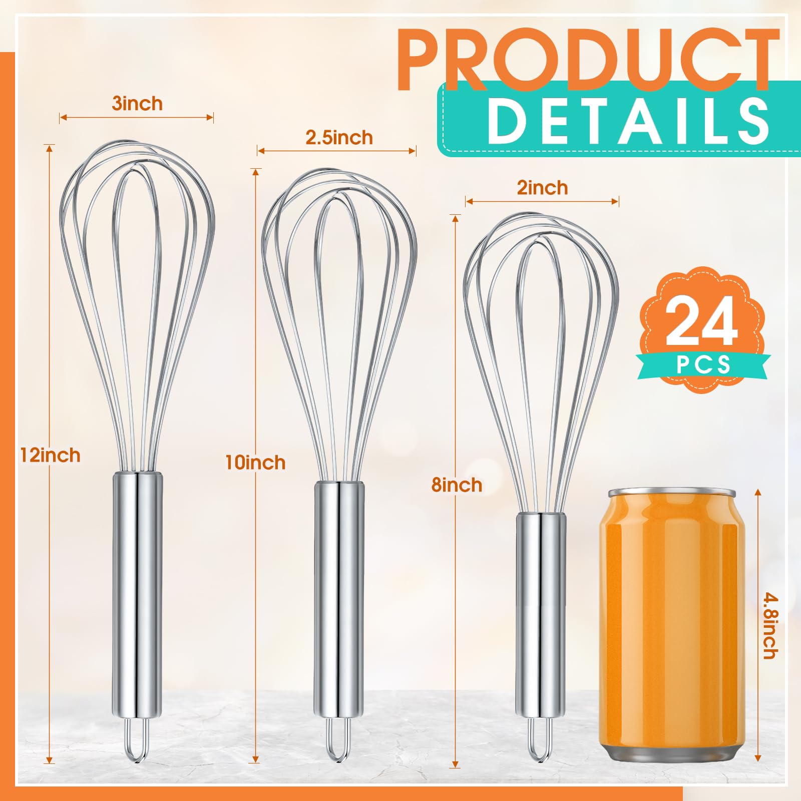 Domensi 24-teiliges Edelstahl-Schneebesen-Set 20,3 cm, 25,4 cm, 30,5 cm, Küchenbesen zum Kochen, hitzebeständiger Edelstahl-Ballon-Draht-Schneebesen, Bulk für antihaftbeschichtetes Kochgeschirr,