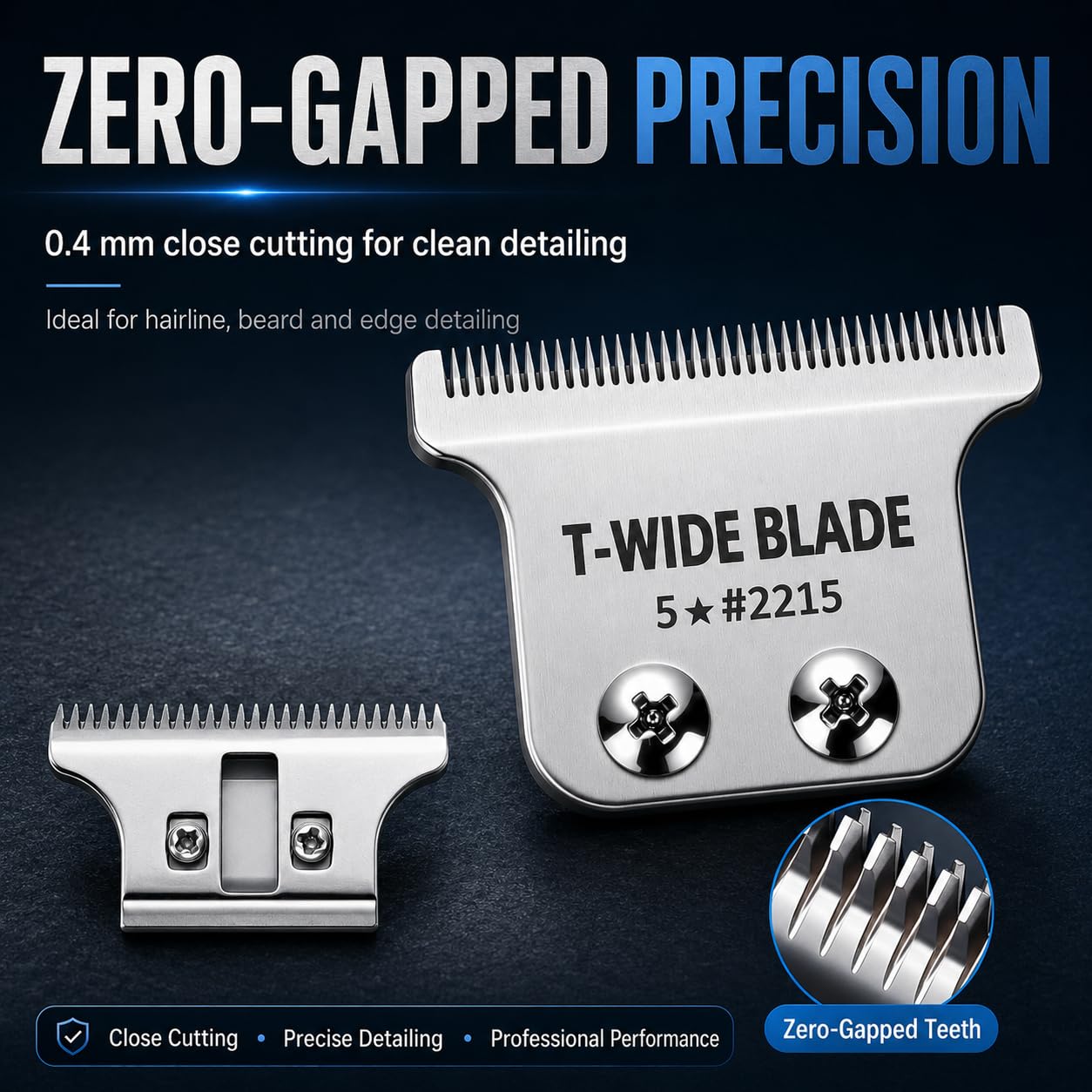 Cuchillas T-Wide de Repuesto Compatibles con las Cortadoras Wahl 5-Star Detailer – 0,4 mm, Zero-Gap (Plata – Paquete de 2)