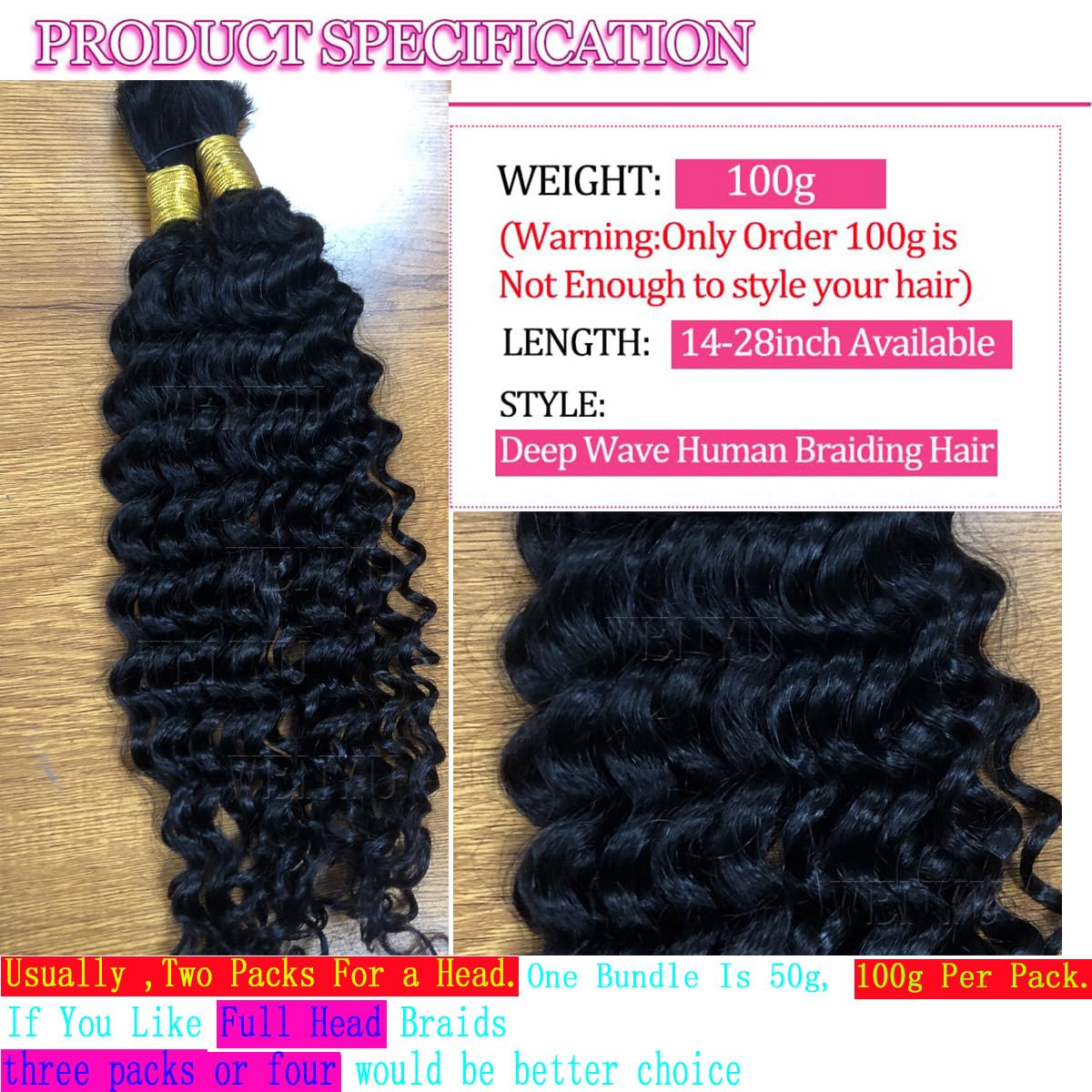 WENYU Human Braiding Hair 100g Deep Wave Bulk Human Hair for Braiding No Weft Bundle Brazilian Virgin Curly Human Hair Extensions for Boho Braids Curly Human Hair Braiding Hair (Deep Wave, 24 Inch)