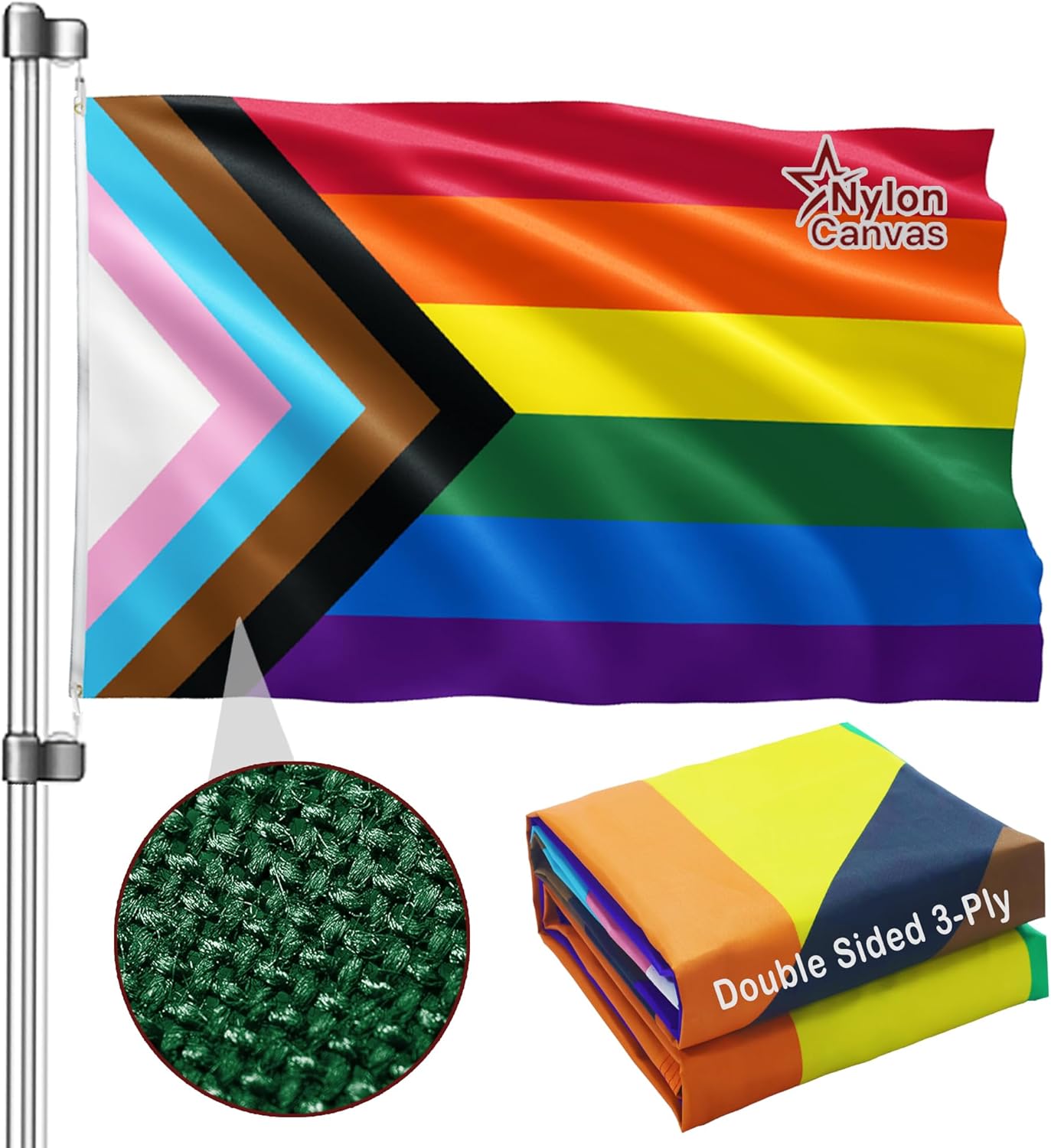LGBTQ Progress Pride Rainbow Flag 3x5 Ft Double Sided 3Ply Heavy Duty Nylon Canvas With Brass Grommets Vivid Color Fade Resistant For Indoor Outdoor Parade Gay Pride Lesbian Transgender Bisexual