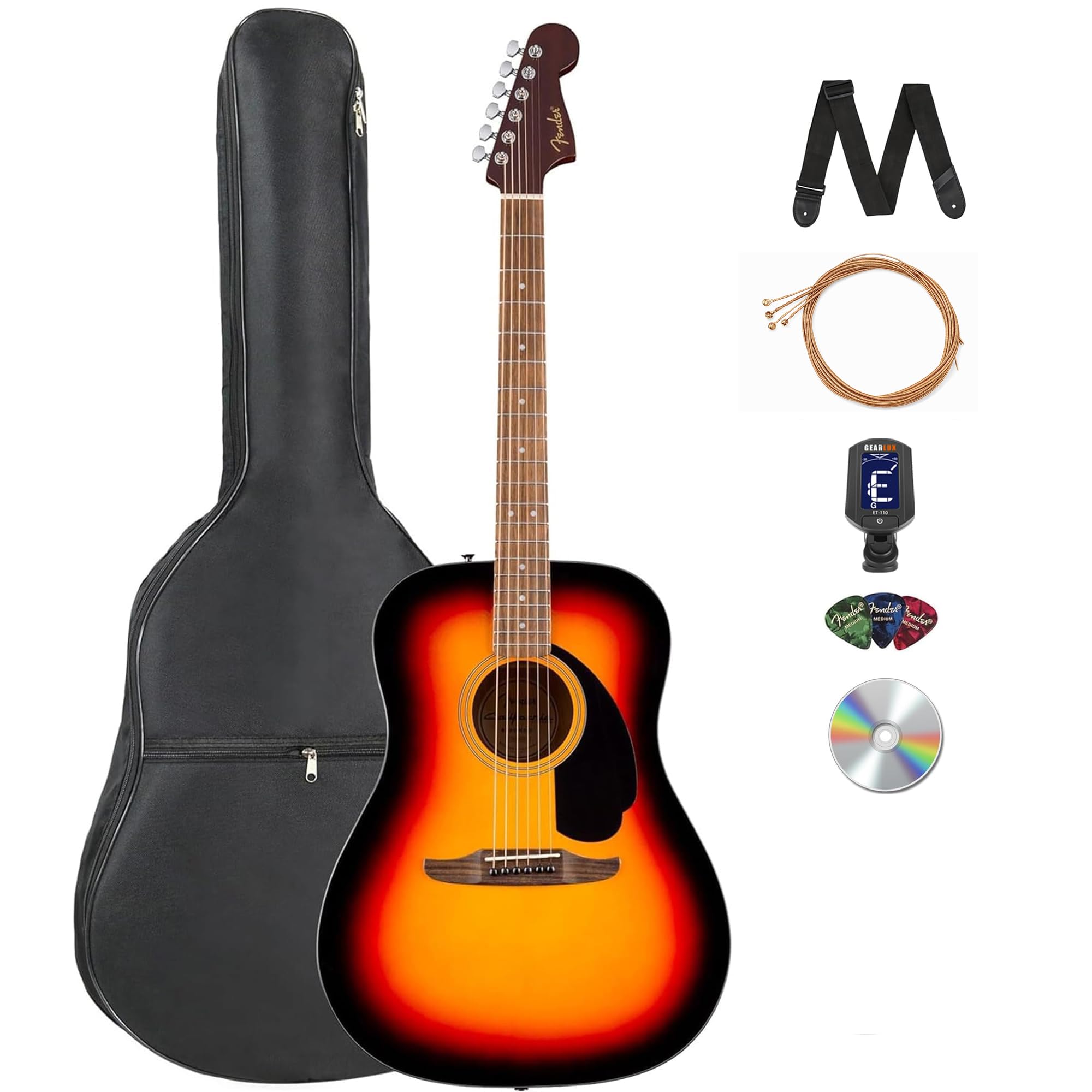 Fender California Standard Redondo Spruce Top ブラック ピックガード アコースティックギター - ギグバッグ、チューナー、ストラップ、弦、ピック、Austin BazaarインストラクションDVD付き3色サンバーストバンドル