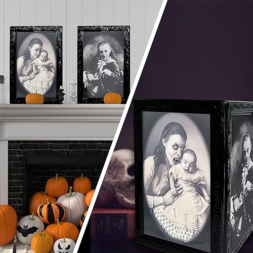 Vista 22 de YBB Paquete de 4 portarretratos en movimiento de Halloween, retrato de terror de cara cambiante en 3D, decoración de miedo para el hogar, fiesta