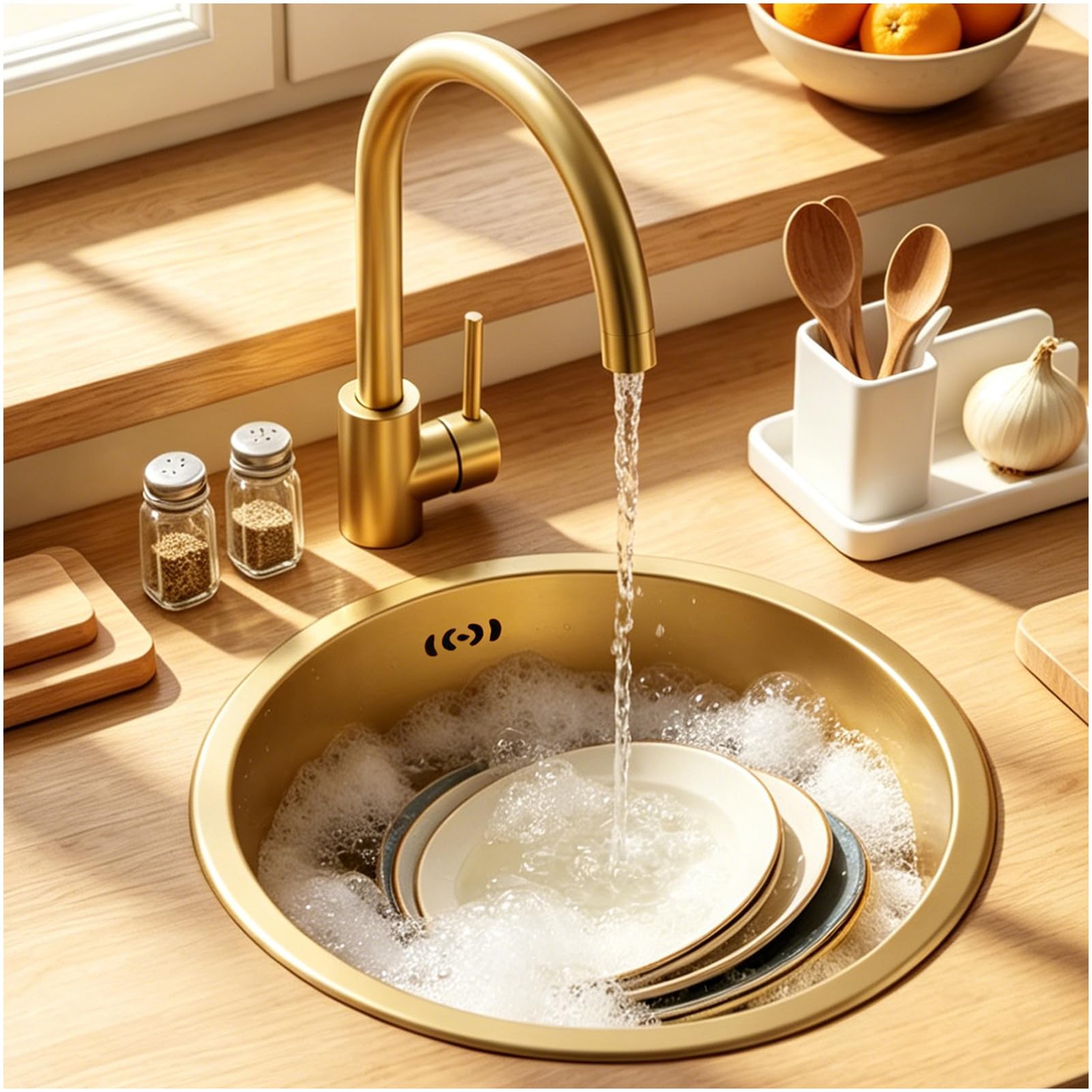 OMGMTSTORE 40 x 40 cm stainless steel kitchen sink, brushed gold round sink, built-in sink, small, undermount sink with drain filter, 1 basin without tap hole — image 1