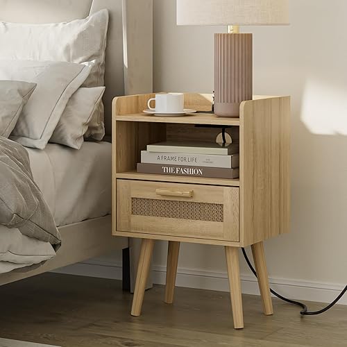 Miniatura 6 de Masupu Mesita de noche, mesita de noche pequeña con dos cajones, mesita de noche blanca, muebles de noche, mesa auxiliar moderna de mediados de