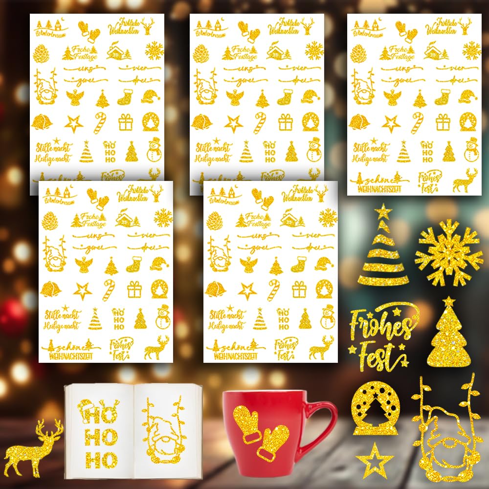COLOFALLA Weihnachtsaufkleber Gold Glitzer - 5 Blätter Mit Weihnachtsbäumen & Sternen, 19x14 Cm