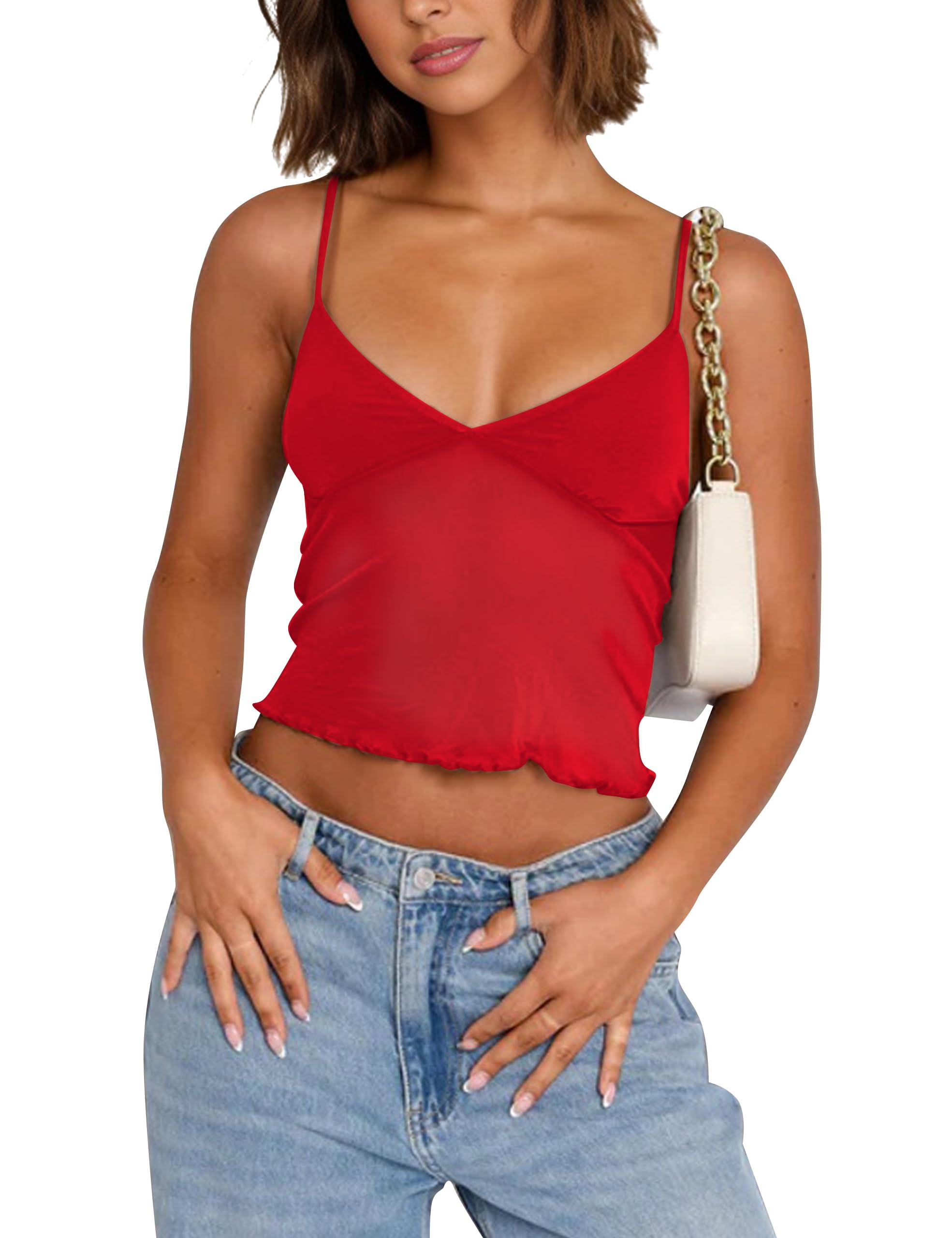 Cioatin Women Y2K Sleeveless See Through Mesh V Neck Crop Tank Cami Spaghetti Strap Bustier Slim Backless Tops Going Out Red