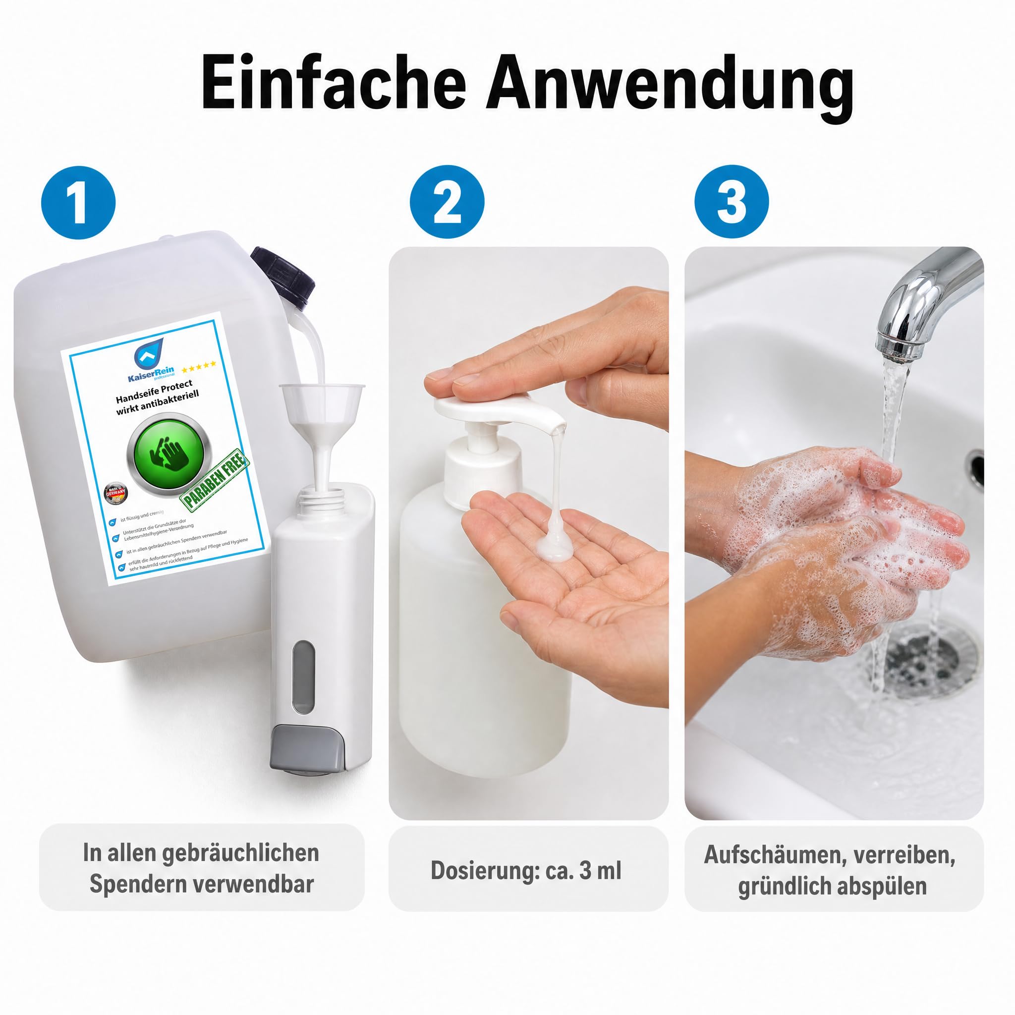 KaiserRein Handseife Protect, Flüssigseife 10 L Kanister, antibakterielle Wirkung, parabenfrei, hautmild & rückfettend, Nachfüllseife für Spender, Made in Germany