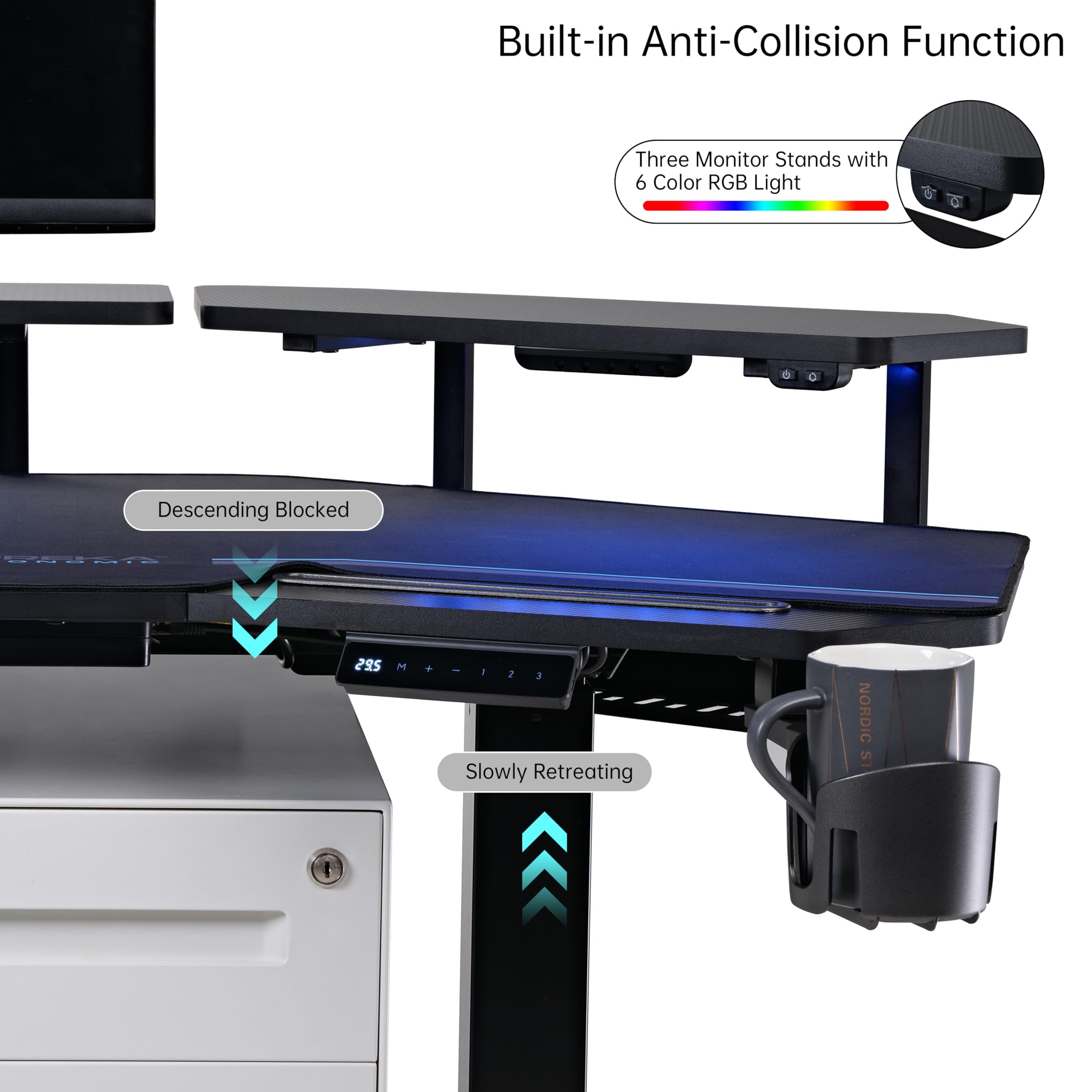 EUREKA ERGONOMIC Aero 72 Inch Gaming Desk with Keyboard Tray, Large Computer Desk Led Lights, Wing-Shaped Monitor Stand Dual Headphone Hanger Cup Holder for Studio,Streamer,Live,Maple: 63"W x 48"H-Adjustable Black