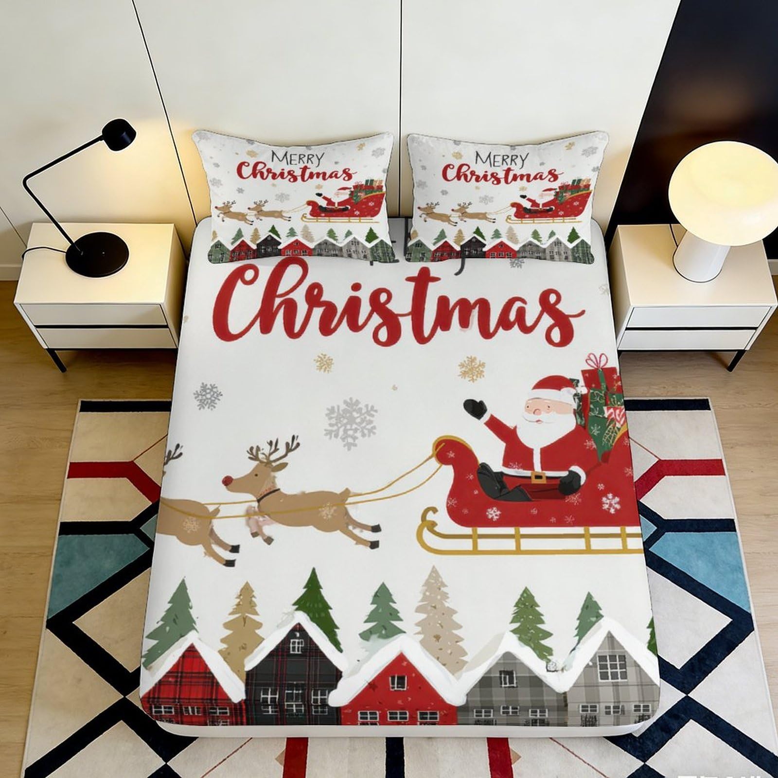 Pnayamiorkfel Style-4 3D Printed Christmas Santa Sleigh Fitted Sheet Microfiber Soft Red Snowflake Reindeer Bed Cover For Bedroom Guestroom Decor 90X200x25cm