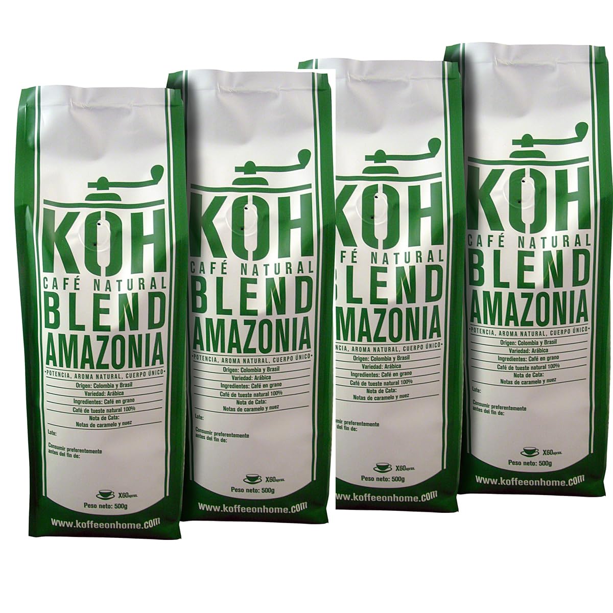 KoffeeONHOME Café en Grano 100% Arábica, Blend Amazonia, Tueste Natural, 4 Paquetes de 500 gr - 2 Kg