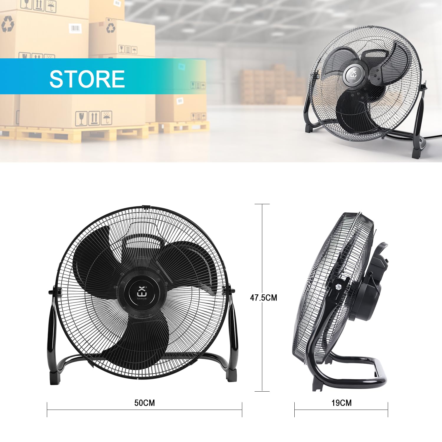 EXTRASTAR Ventilatore a Colonna Industriale da 50cm con Oscillazione Automatica 360° & 3 Velocità, 80W/1300 giri/min, Altezza Regolabile (101-130 cm), Nero