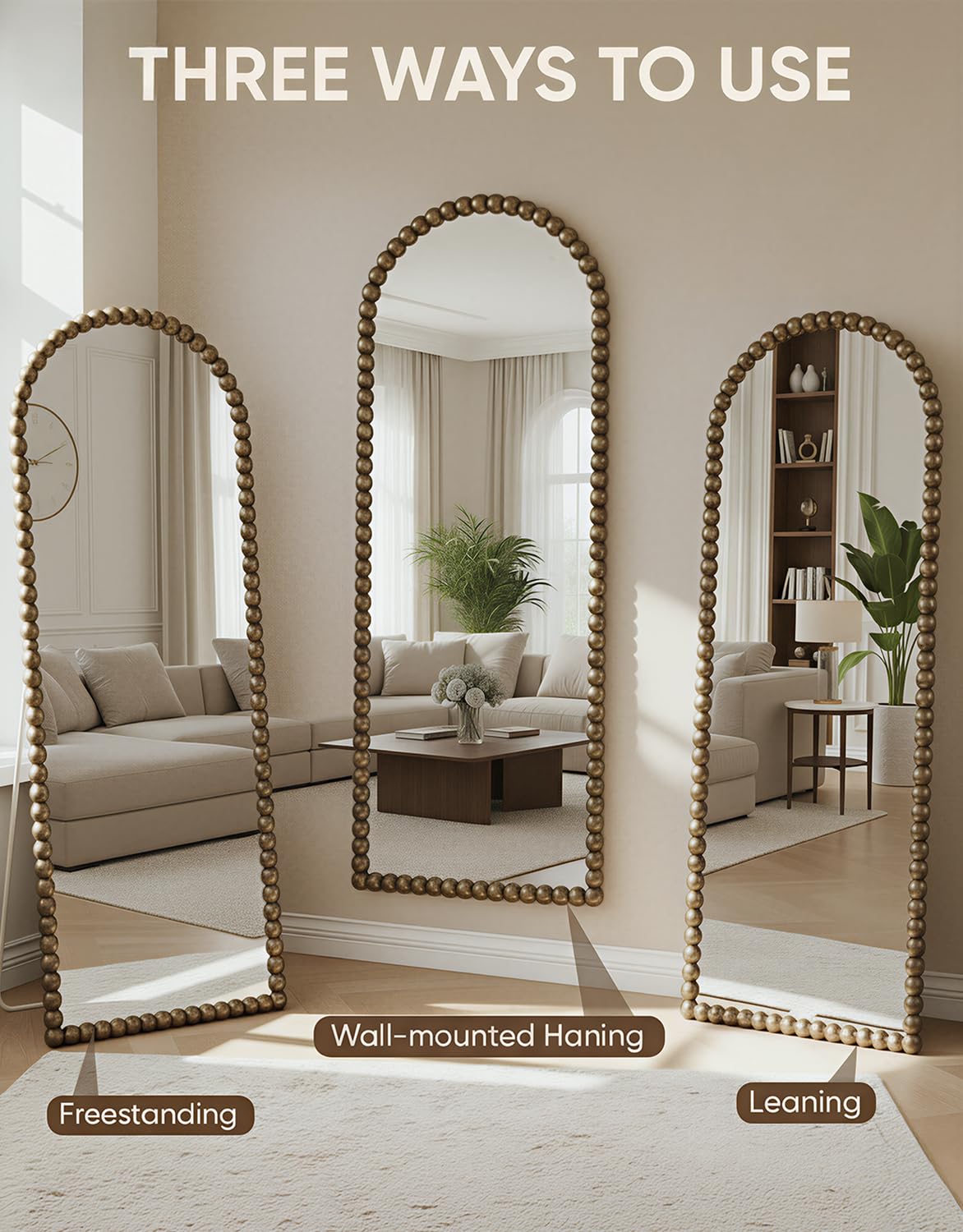 Antok 180x71 cm Ganzkörperspiegel Standspiegel - Arch Gerader Winkel Spiegel mit HD Glas BogenSpiegel Wandspiegel für Wohnzimmer Schlafzimmer, Hellbraun