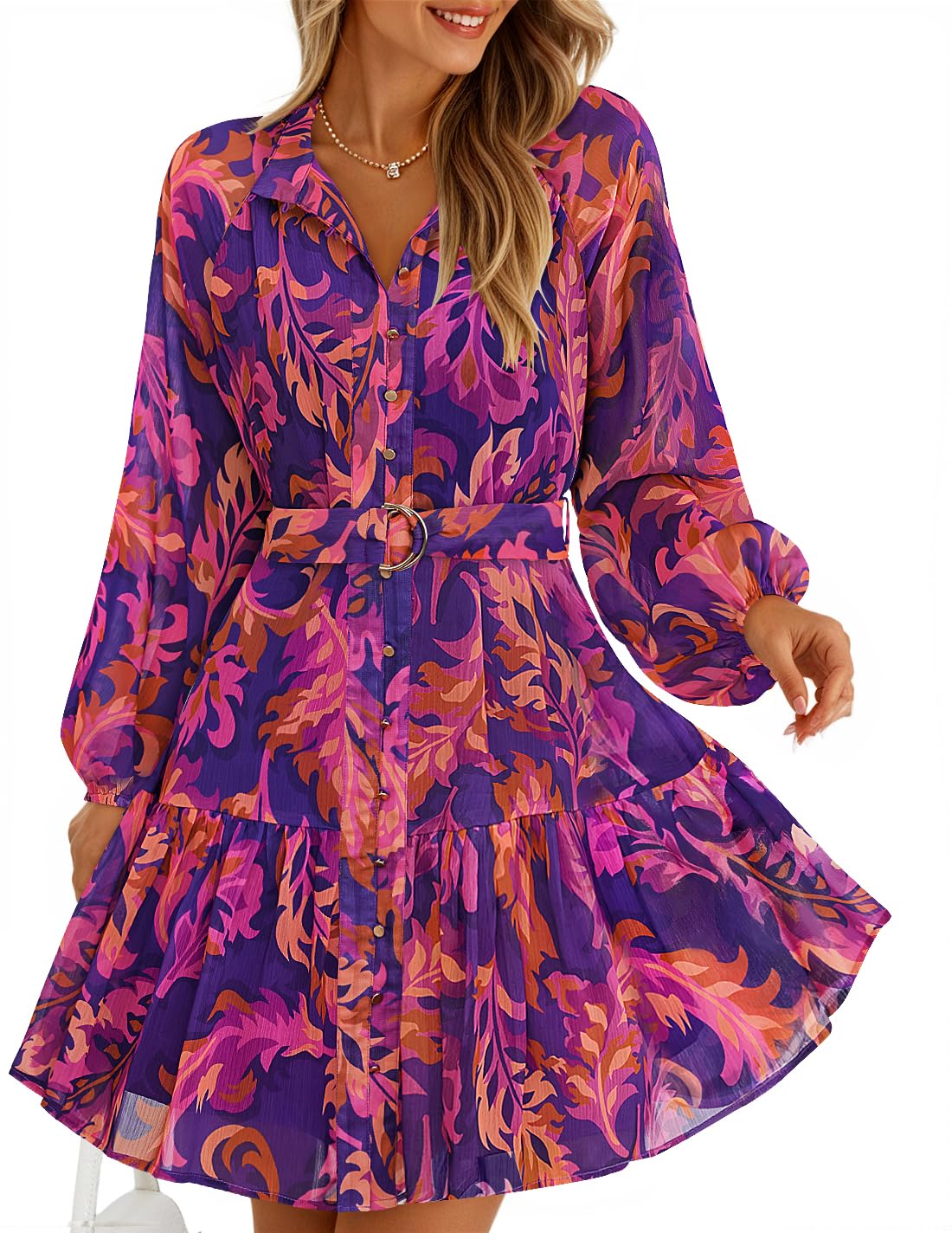 ZESICA Womens Fall Long Sleeve Floral Mini Dress with Belt