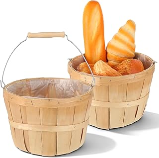 COMNICO 2 Pack Round Wooden Baskets, Handwoven Empty Wood Fruit Buckets with Metal Handle Natural Color Easter Basket for Garden Home Party Market Supplies