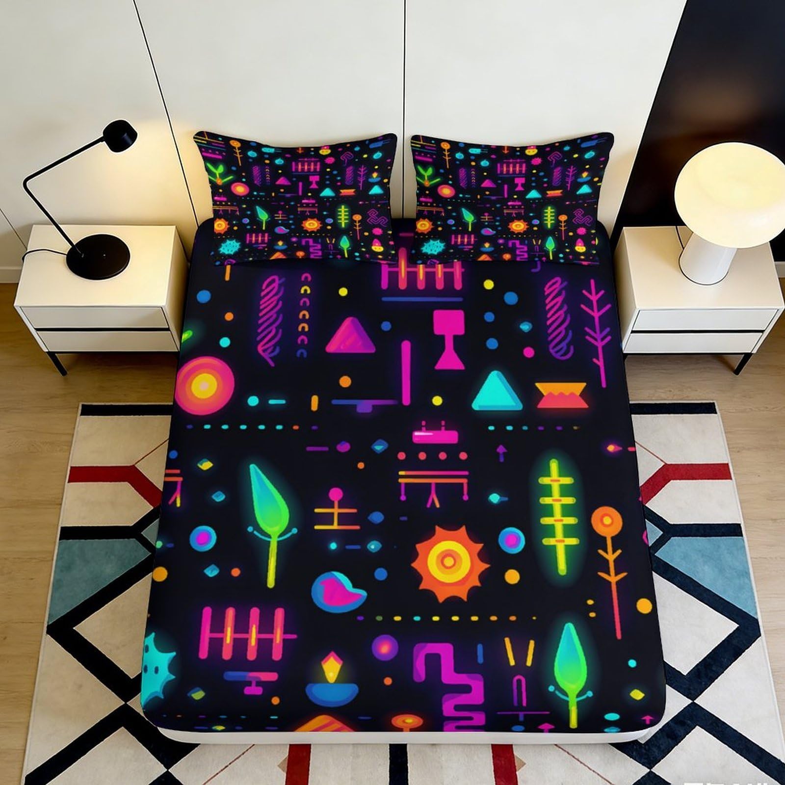 3D Printed Neon Abstract Pattern Fitted Sheet Microfiber Vibrant Geometric Art Mattress Cover for Bedroom Guest Room Decor 90x200x25cm
