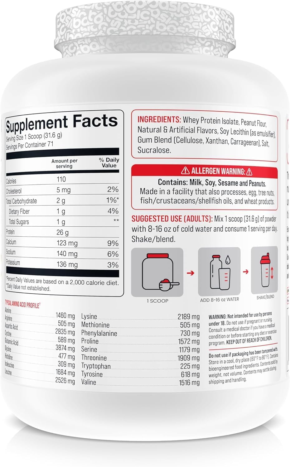 BASIC SUPPLEMENTS Basic Whey Protein Isolate, 26g Protein, 0g Fat, Gluten-Free, RBST-Free, Rapid Absorption, 110 Calories (5 Pound, Peanut Butter Cookie) image 2