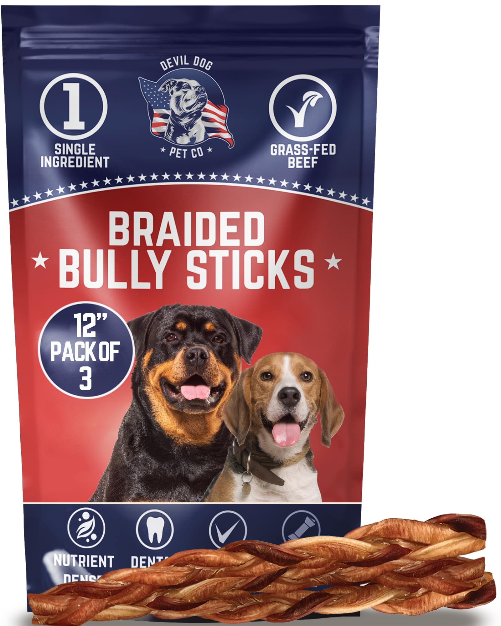 Devil Dog Pet Co. Braided Bully Sticks for Dogs – 12 Inch 3 Pack Chew Treats, 100% Natural, Single Ingredient, Long Lasting & Rawhide-Free Dog Chews