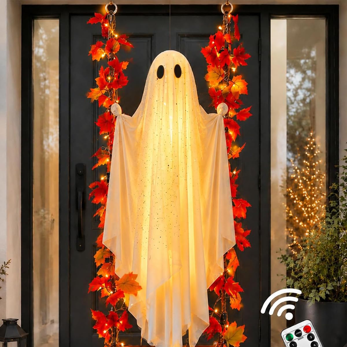 Wiszący duch na Halloween, dekoracja ze światłem LED i huśtawką w kształcie liścia klonu, zdalnie sterowana dioda LED, do użytku wewnątrz i na zewnątrz, na drzewo, werandę, jesienną girlandę