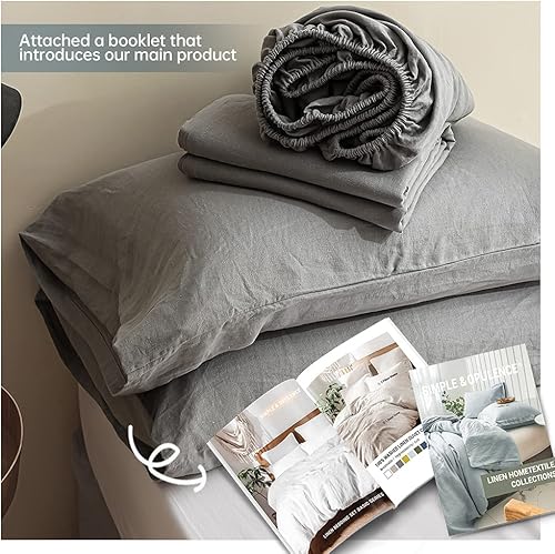 Miniatura 6 de Simple&Opulence Juego de funda nórdica 100% lino con ribete y sábanas 100% lino con estilo básico (tamaño King, gris)