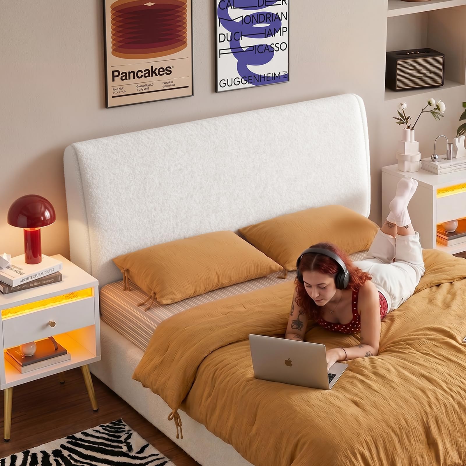 Pinmoco 4.7" Upholstered Headboard for Full Size Bed, Height Adjustable and Ergonomic Headboard, Easy Assemble, Sturdy and Durable, Teddy Velvet, Beige