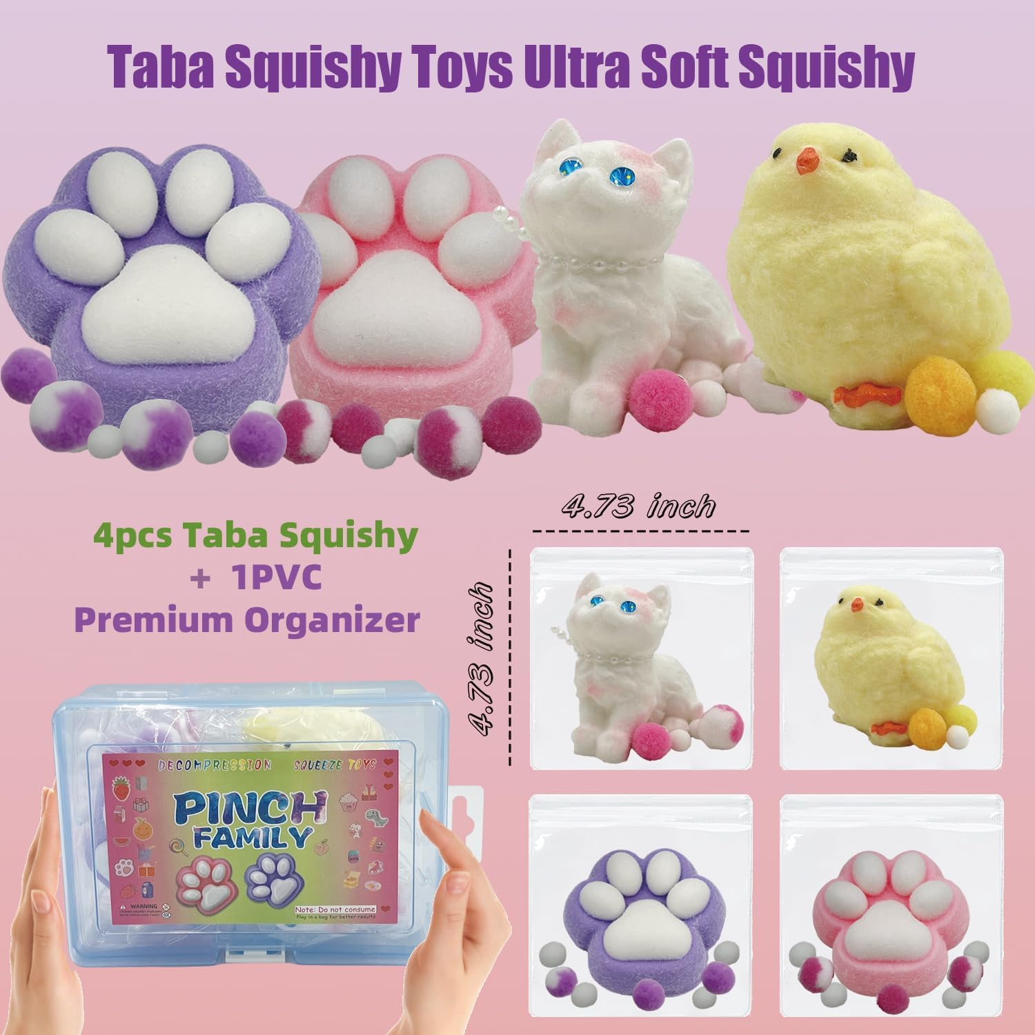 Big Taba Squishy 4-Pack Bundle - Fufu Squishy Toys Set with Chick, Giant Cat & 2 Paw Squishies, Soft Slow-Rise Stress Relief Sensory Toys for Kids Adults Anxiety Relief