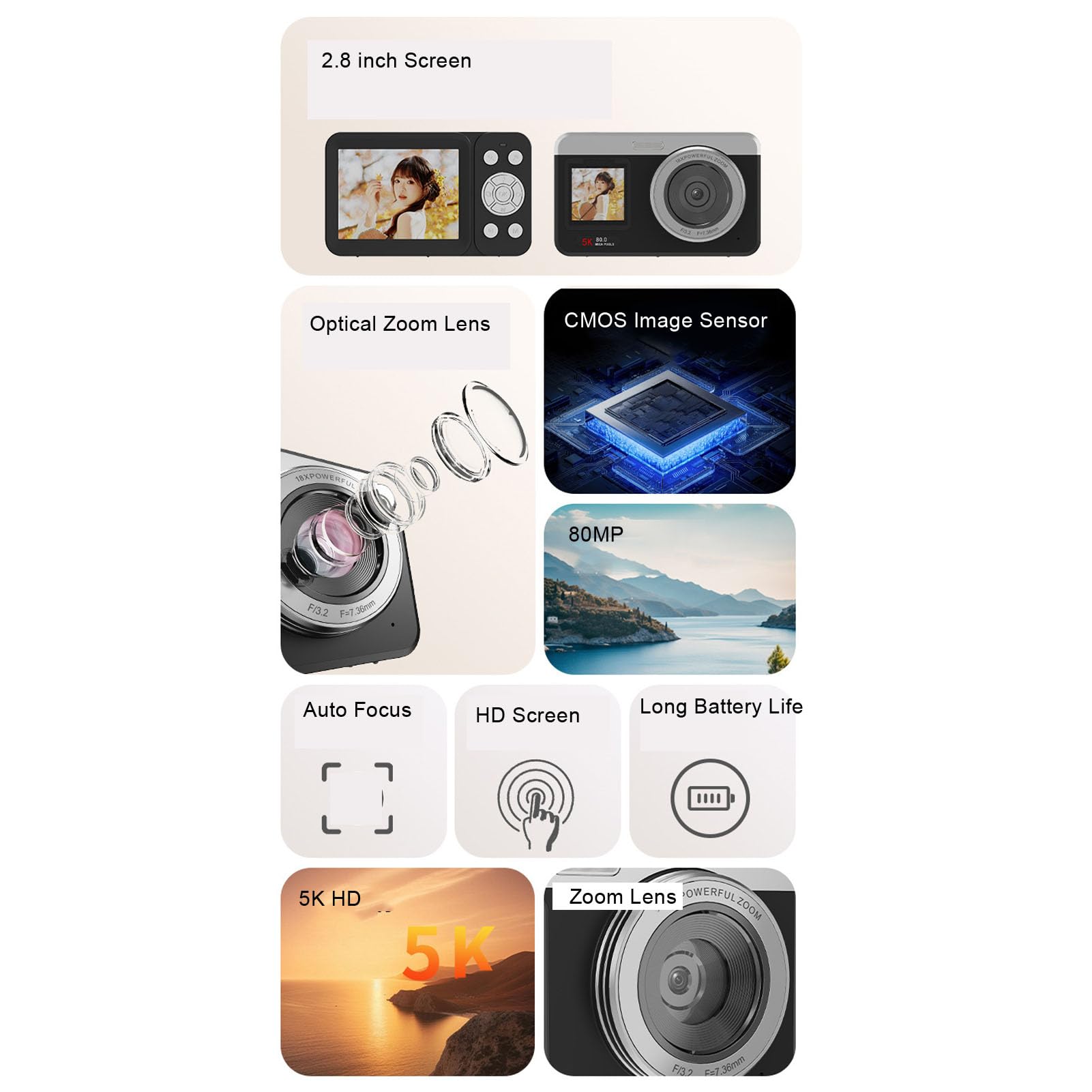 XUMIUZIY Fotocamera Digitale 5K con Doppio Schermo e Zoom 18X per (BLACK) | Sensore CMOS da 80 MP, Messa a Fuoco Automatica, Luce LED di Riempimento, Batteria da 1200 MAh, Doppio Schermo da 2,8 e 1,5