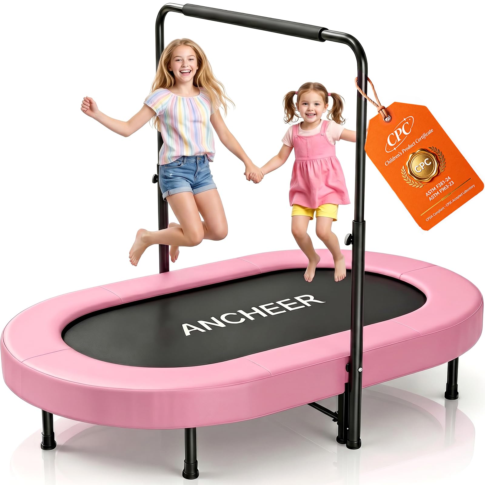 ANCHEER Trampoline for Kids, Toddler Trampoline Indoor Sports and Outdoor Games 56" Kids Rebounder 220LBS Capacity with Adjustable Safety Handrail Foldable Jumper for Boys and Girls