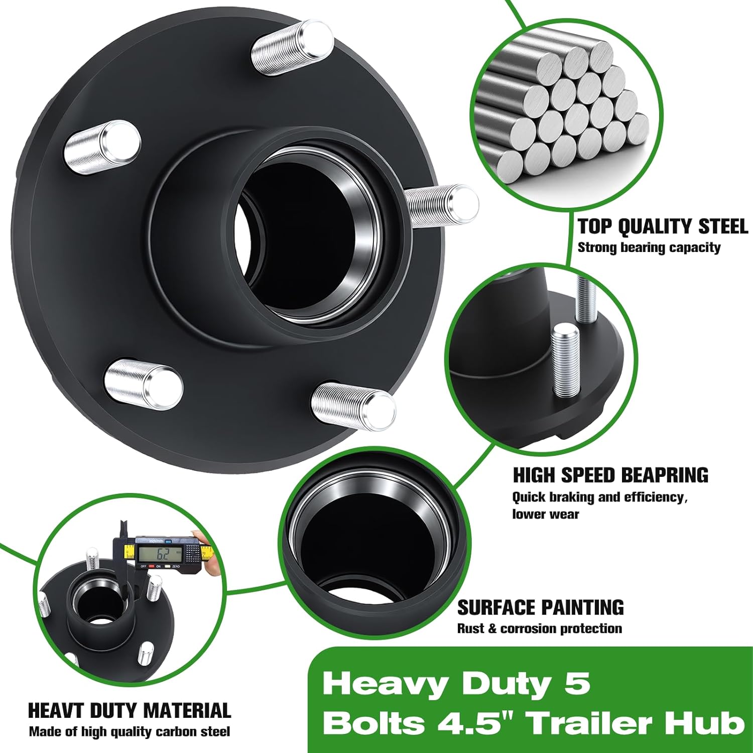 Podoy 2000LB Trailer Hub Kit 5 on 4.5", 2 Pack Trailer Idler Hubs for 1-1/16" Straight Spindle, Pre-Greased L44649 Bearings, 5 Lug Boat Trailer Hub Kit with Seals Dust Caps(Only Fit Straight Spindle)