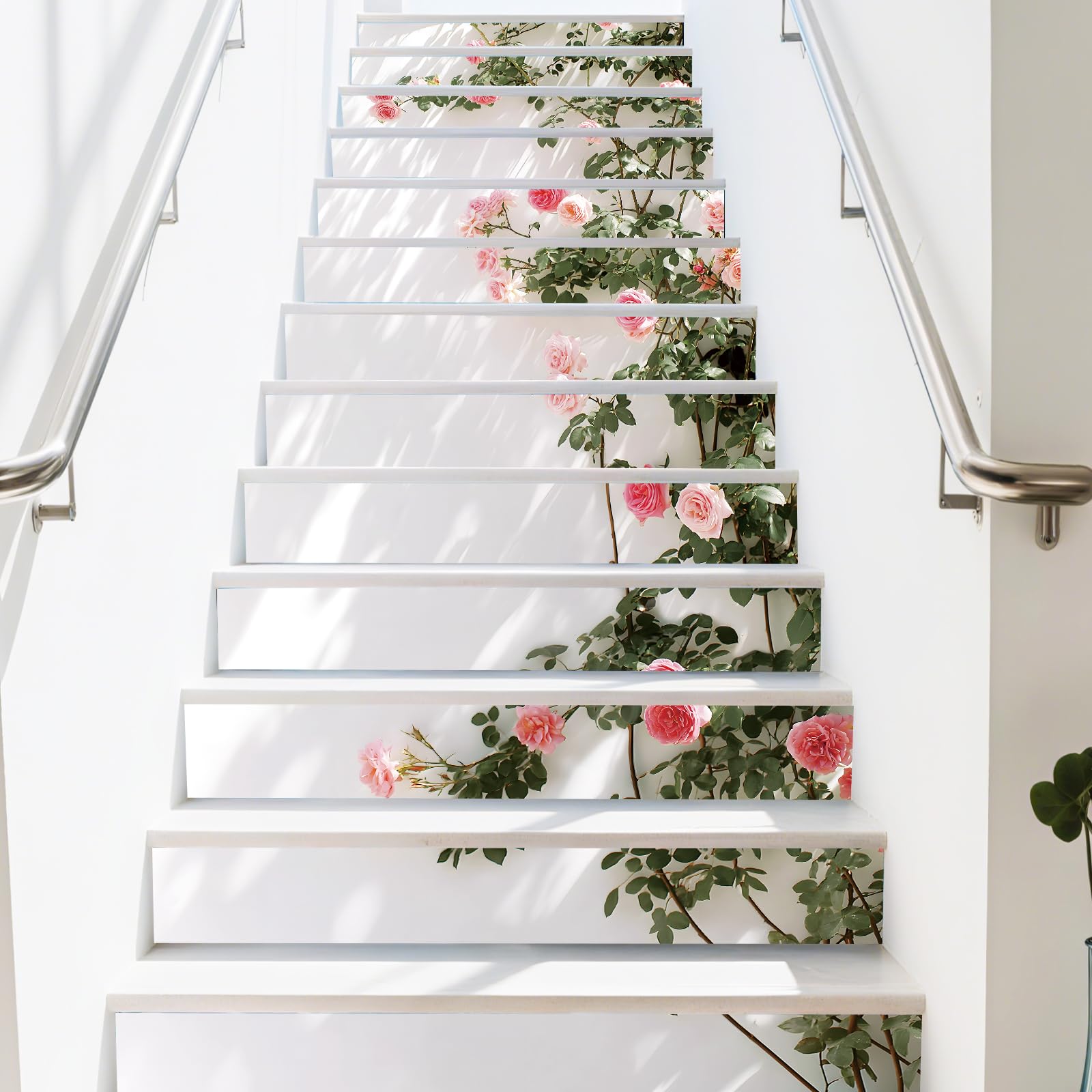 PLIGREAT 15 Strips Stair Decals Rose Branches Peel and Stick DIY Stair Riser Stickers for Steps 18x100cm Self-Adhesive Vinyl Floral Style Staircase Murals for Home Hotel Decor