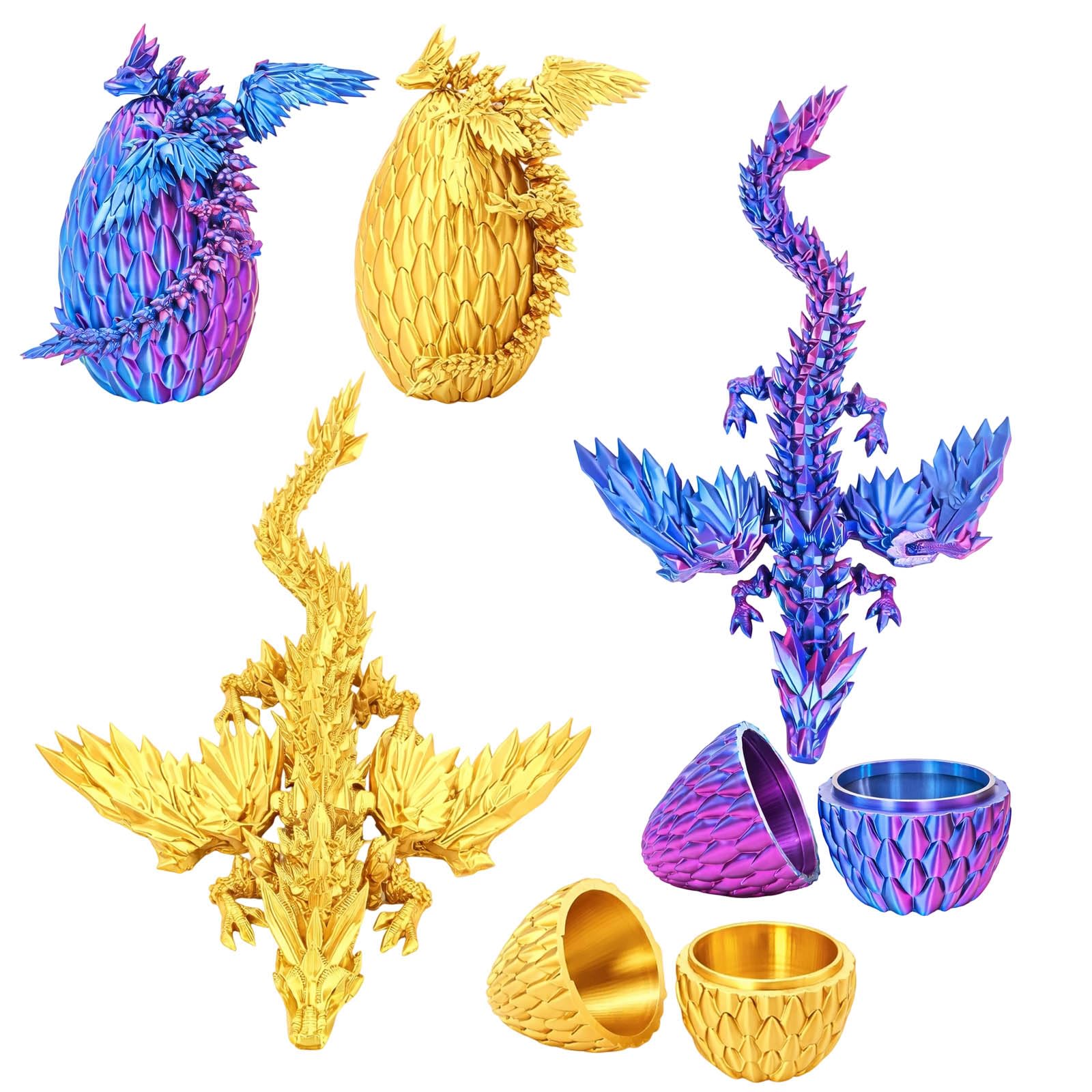 PRVCFZ 2 PCS 3D Printed Dragon with Wings, Laser Purple and Silk Gold Dragon Eggs Set, Home Decor for Enthusiasts and Gift Giving, Detailed Display Piece for Desks and Collections