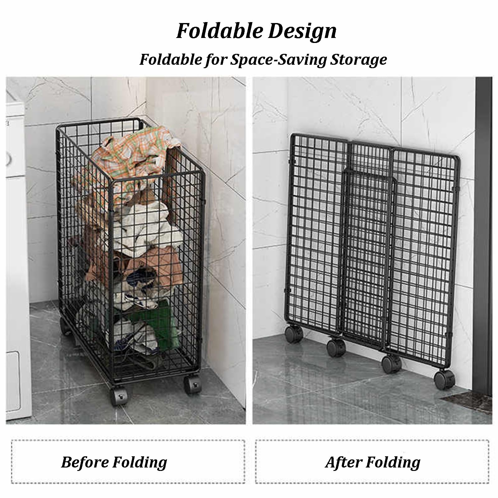 MRKU Cesto portabiancheria Pieghevole in Metallo con Ruote, Carrello portabiancheria con Ruote, Struttura in Rete, Organizer per Vestiti sporchi