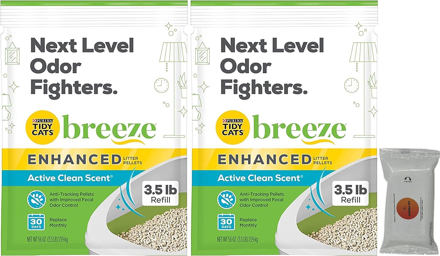 Bundle 2 Tidy Cats Breeze Enhanced Active Clean Scent Cat Litter Pellets, Refill 3.5 lb with Aurora Pet Wet Wipes