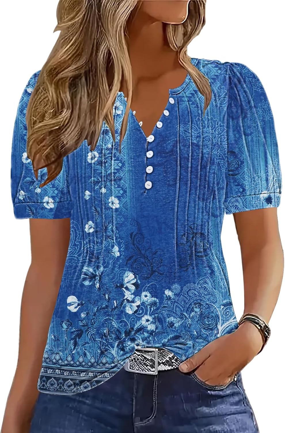 ETCYY Womens Shirts Dressy Casual Short Sleeve 2025 Summer Tops Spring V Neck Button Down Pleated Ladies Tunic Blouses