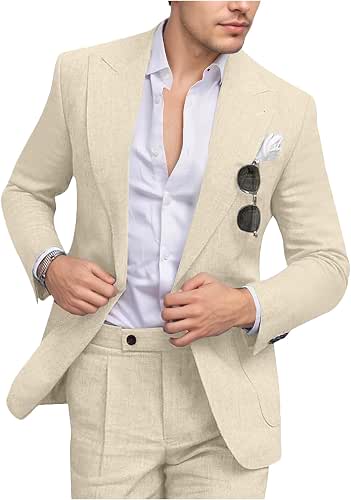 Men's Linen Suit Slim Fit 2 Piece Summer Beach Wedding
