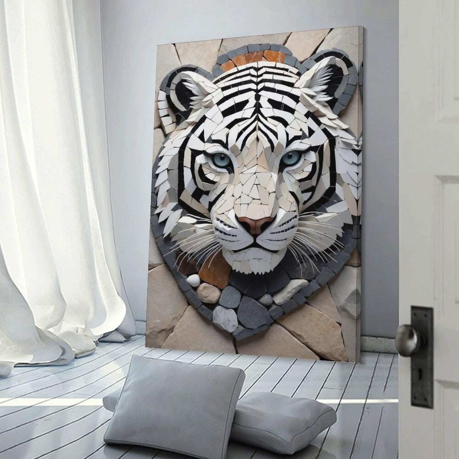 Junmoney Mosaic White Tiger Head Decorative Wall Artwork, 24x36inch(60x90cm), for Corridors, Hallways Or Apartment Entries, Home Artwork for First Impressions