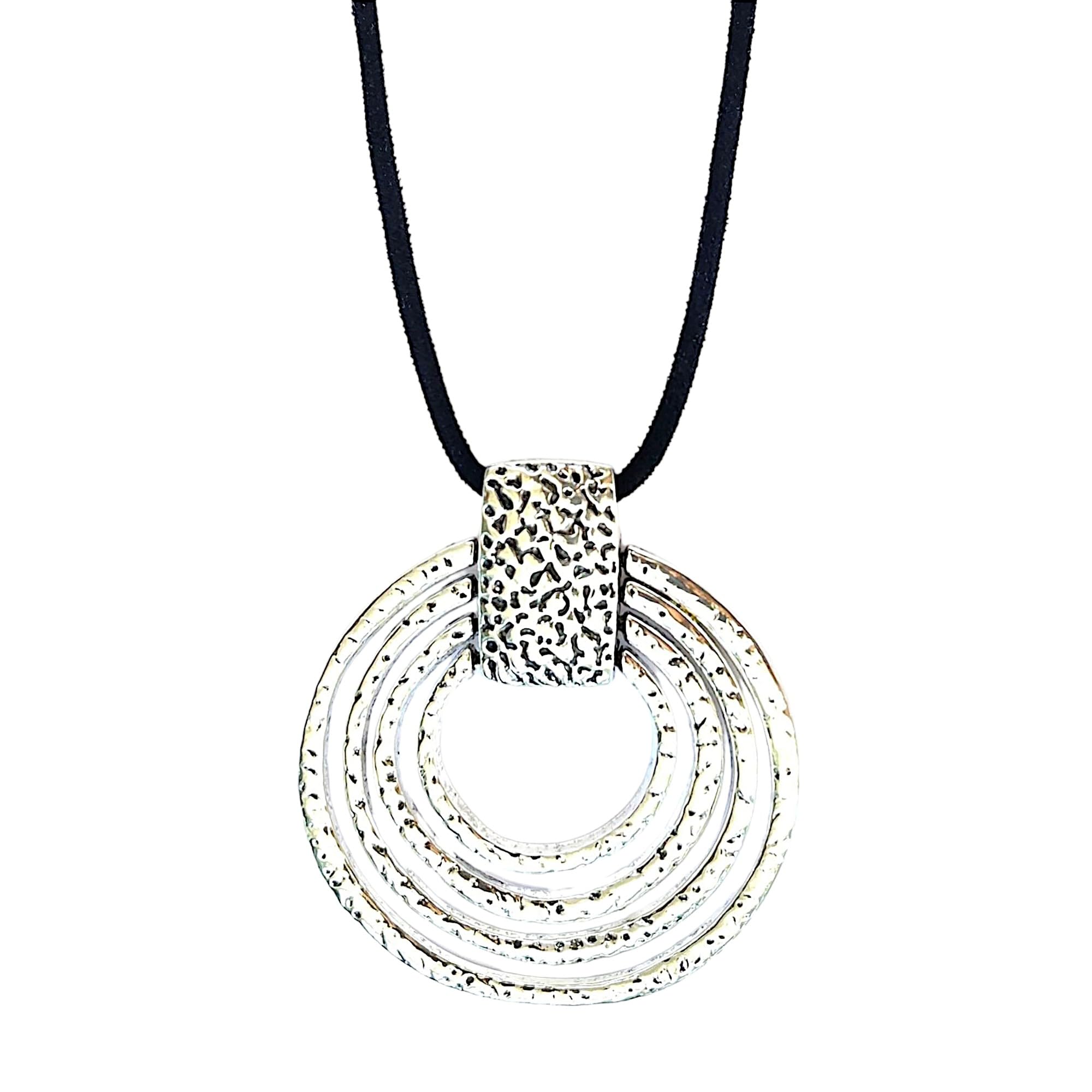 ASTER ALHELÍ Collar Grande Mujer con Colgante Espiral Plata - Colgante Mujer Hombre Espiral y Cadena de Antelina Negra- Altura Ajustable - Ideal para Regalo - Espiral Plata Grande