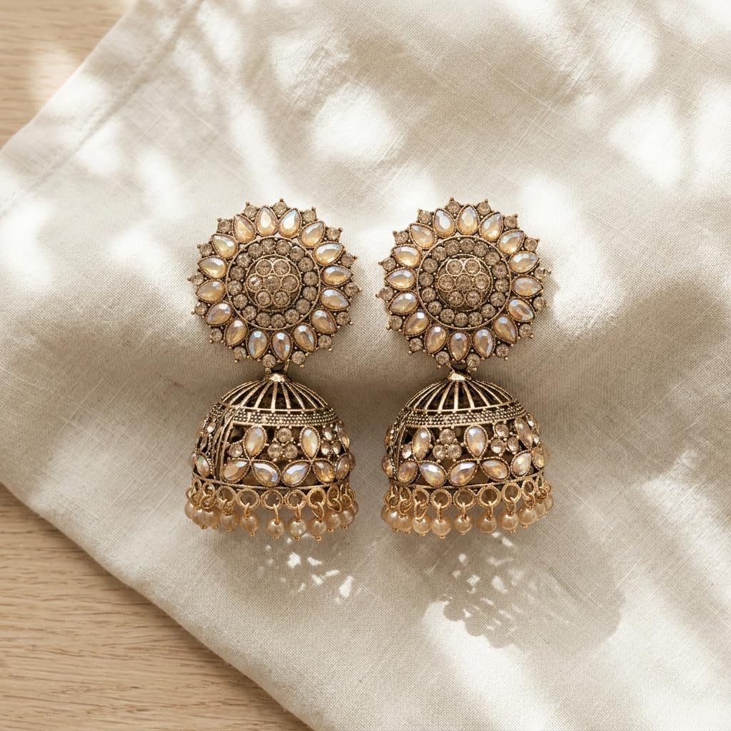 mummacare Antique Gold Jhumka Earrings with Kundan Stones, Floral Stud Top, Pearl Drops, Traditional Indian Ethnic Style, Pack of 1 Pair-picture-29