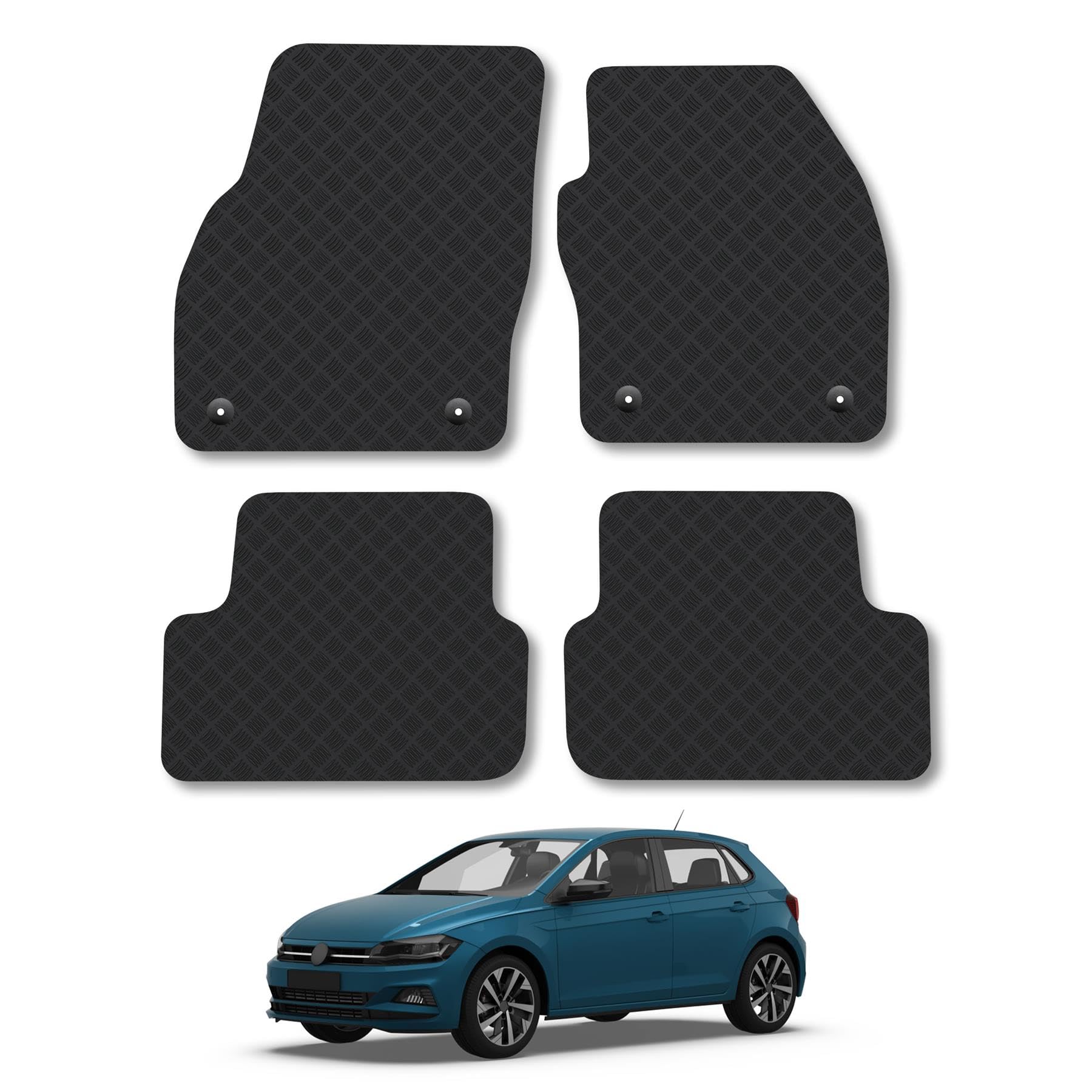 Rubber Car Mats Compatible with VW Polo (2018+) Tailored Fit Car Floor Mats Set Accessory Custom Fit Anti-Slip Backing Heavy-Duty Waterproof Easy-Clean Durable All Weather Full Coverage With Clips