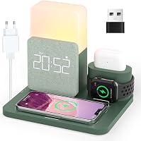 COLSUR 3-in-1 Vezeték Nélküli Töltő Állomás 15W Éjjeli Lámpával és Ébresztőórával iPhone 16/15/14/13/12/11/X/8 Pro Indukciós Töltő 1
