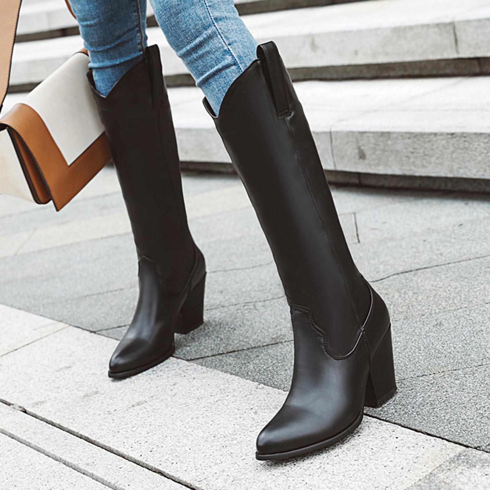 8CM/ 3.14IN Western Cowboy Boots Otoño e Invierno Nuevo Tacón Grueso Botas Largas Zapatos Mujer Versátiles