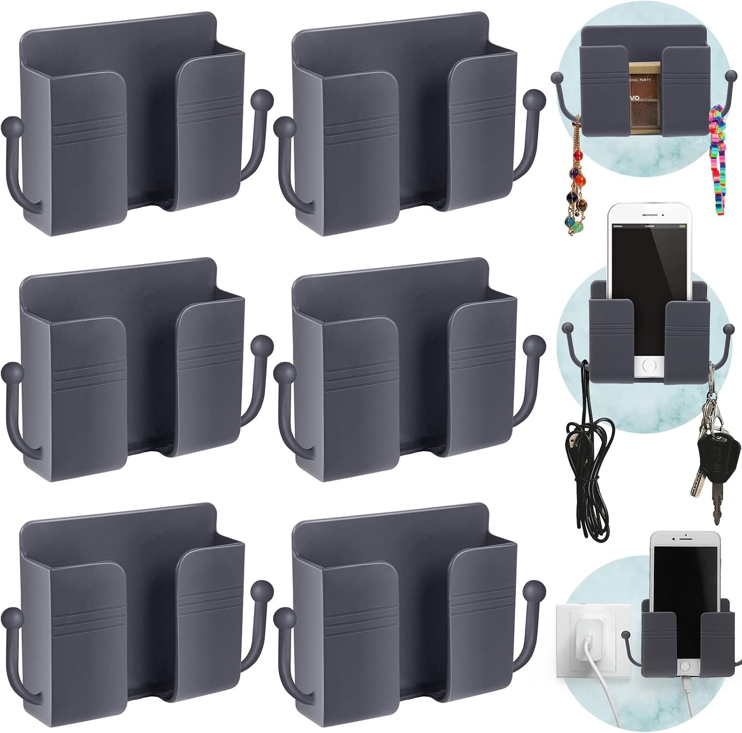 Jetec 6 Pcs Wall Mount Phone Holder Self-Adhesive Wall Beside Organizer Storage Box Plastic Charging Phone Stand Remote Brackets Holder for Bedroom (Gray)