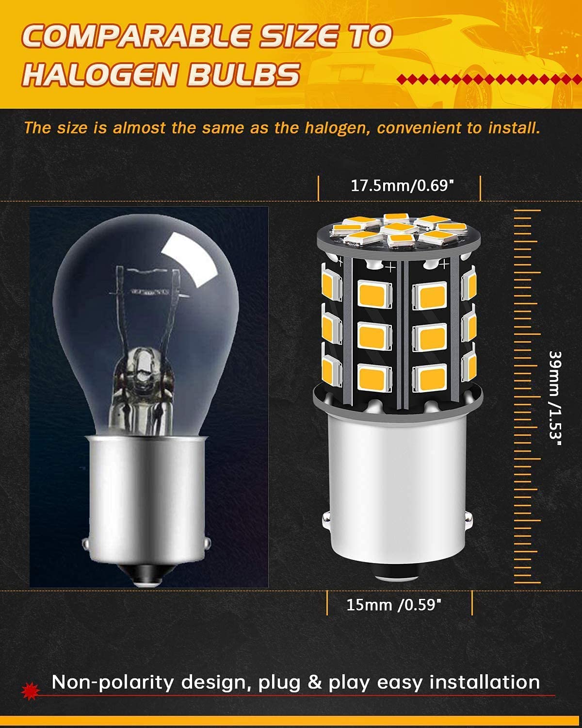 Defvnsy Ampoule LED P21W 1156 BA15S, Extrêmement Brillant Jaune 12V-24V DC Pas Polarité 1141 1003 7506 Ampoules Clignotant, 33SMD 2835 Remplacement Ampoule Voiture pour Feu Arrière, Clignotant Latéral