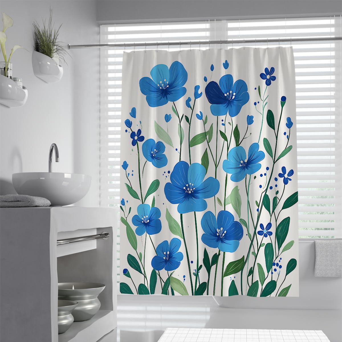 UIRINGART Navy Blue Shower Curtain W200xL220cm Fresh Botanical Flower Print Waterproof Polyester Mildew Resistant Quick Dry Bathroom Liner with Hooks