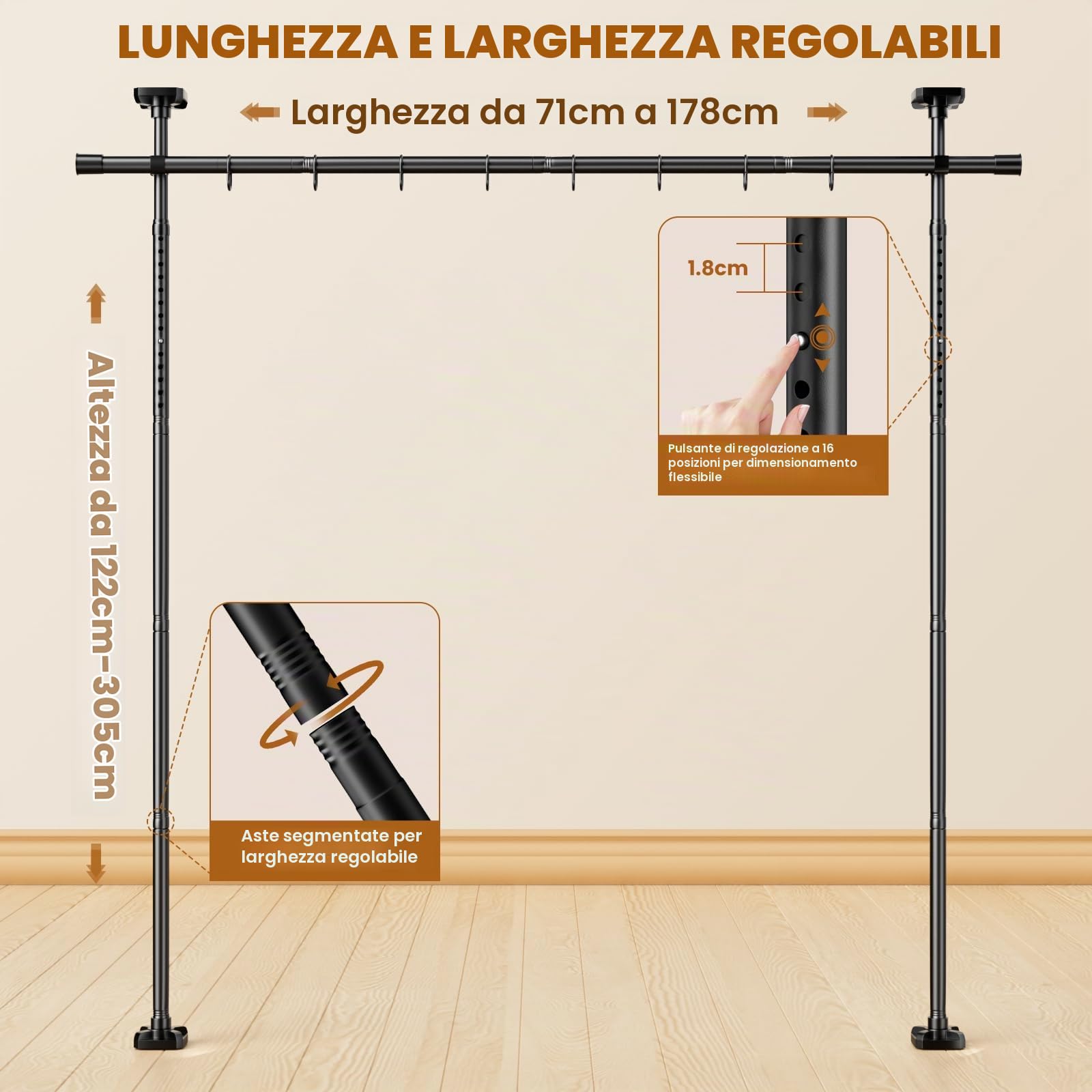 Mavivegue Aste per tende divisorie senza foratura, regolabili 122-305 cm (altezza) 71-178 cm (larghezza) divisorio da parete per la separazione della stanza, aste per tende a tensione temporanea per