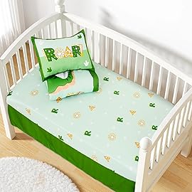 Cloele Crib Bedding Set for Boys,4 Piece Dinosaur Baby Bedding Set,Standard Size Toddler Nursery Bedding Includes Comforter,Crib Skirt,Fitted Sheet&Pillowcase,Soft Dinosaur Blanket-Green