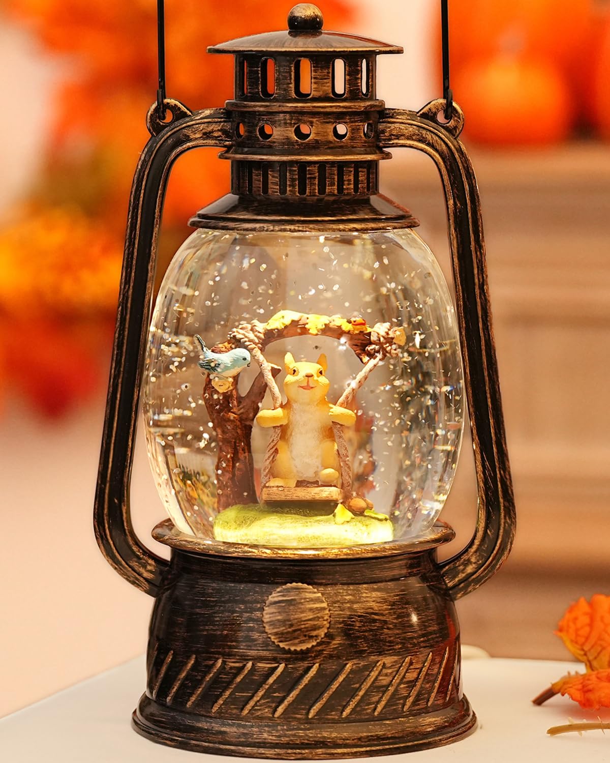 Christmas Snow Globes Squirrel Light Up 6H Timer Glitter Snow Globes Christmas Decorations Indoor Blue Robin Christmas Decor Gifts